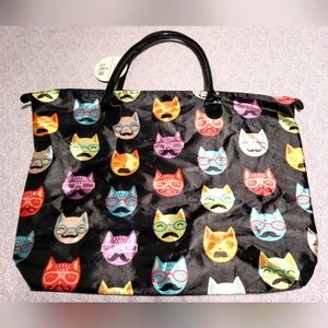 Colorful cat print zip-up tote bag NWT